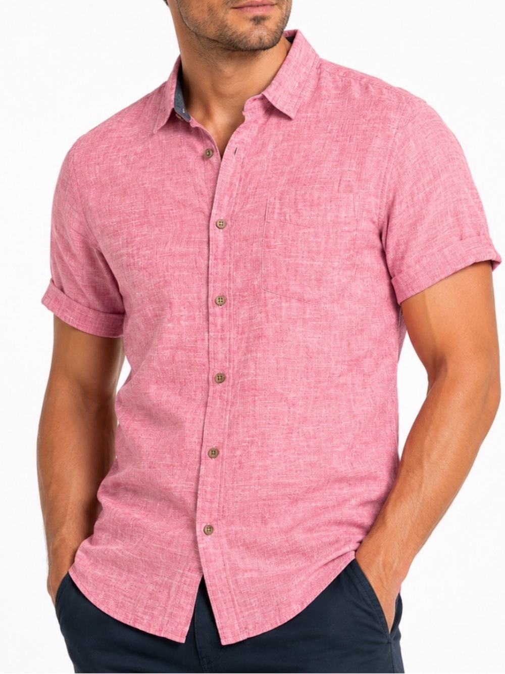 Short-Sleeve Button-Up Shirt in Coral Pink Cotton/linen blend lightweight SZ XL